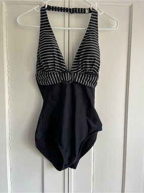 Figleaves Bathing Suit Size 10 Black Halter One-Piece Swimsuit with Striped Top
